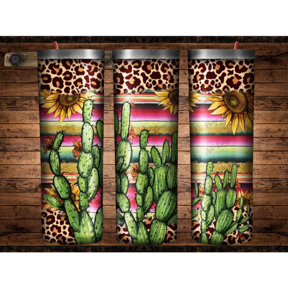 Serape Leopard Sunflower Cactus 20oz Skinny Tumbler, Western Cactus Tumbler - Picture 1 of 1
